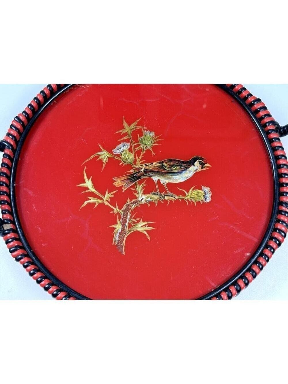Vintage German US Zone Red Black Celluloid Goldfinch Bird Tray Bobbin Handle - Picture 4 of 13